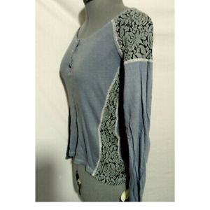 SANCTUARY Henley T-shirt XS Blue Black lace inset sides Long sleeve top